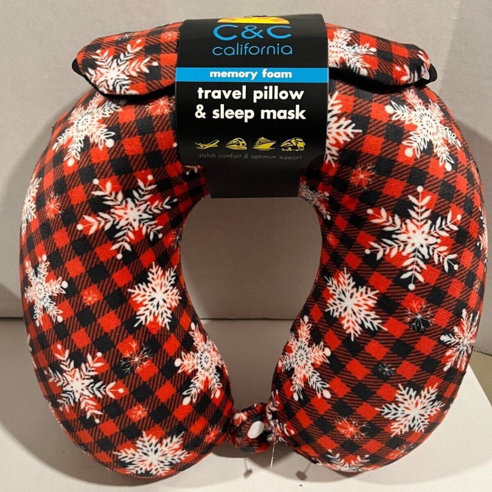 Memory Foam Travel Pillow and Sleep Mask, Snowflake Plaid, C&C California NEW